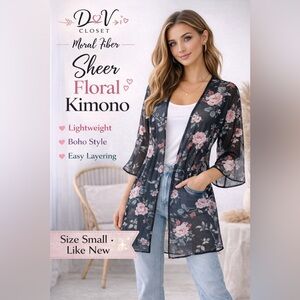 Moral Fiber Black Floral Sheer Kimono Robe S Lightweight Boho Layering Cover Up